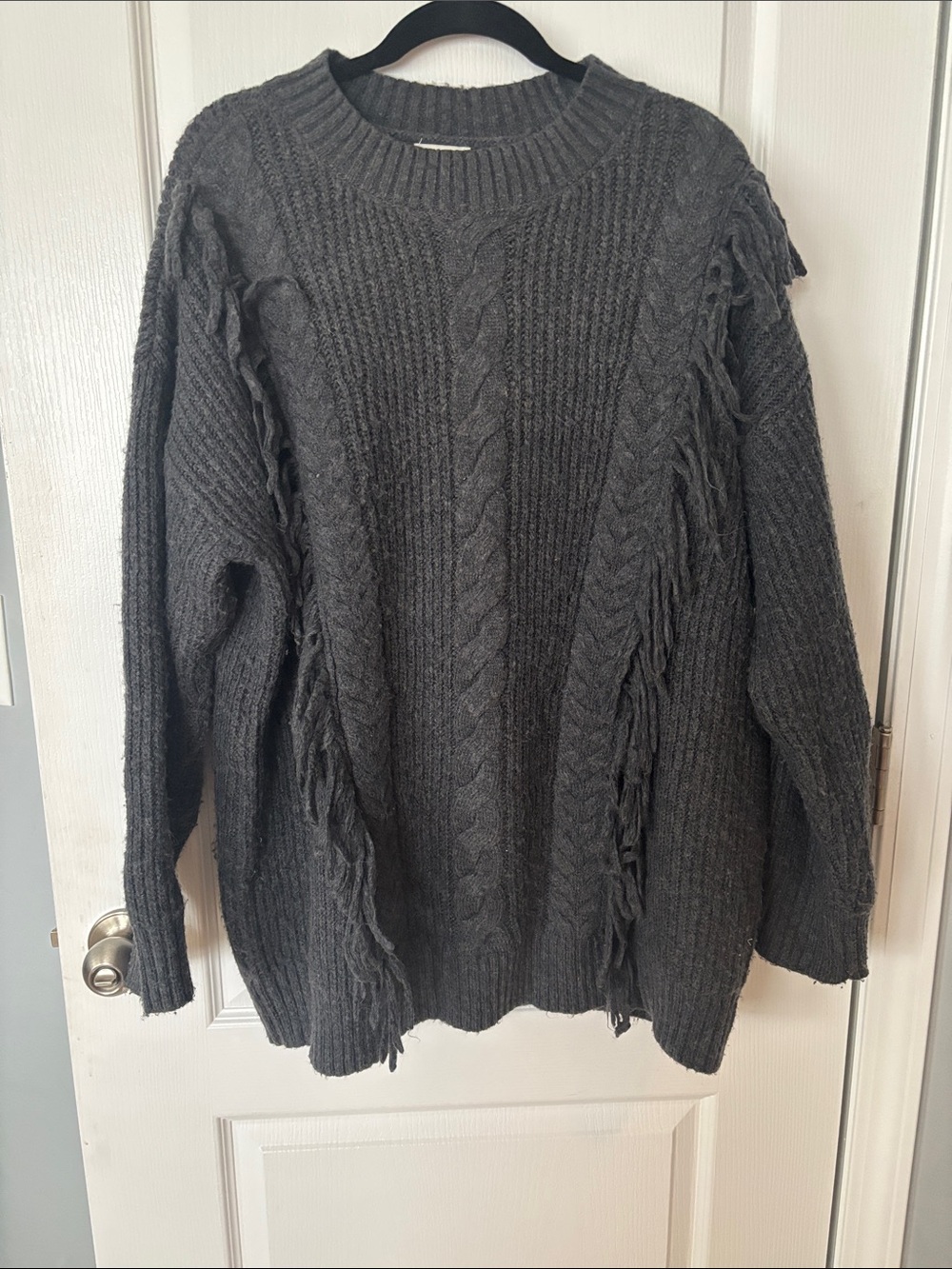 Wonderly Charcoal Fringe Cable Knit Crew Sweater